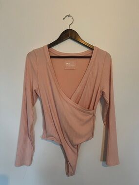 AERIE Wrap-Front Ribbed Long Sleeve Bodysuit - Blush Pink